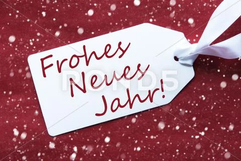 Label On Red Background, Snowflakes, Neues Jahr Means New Year Stock Photos