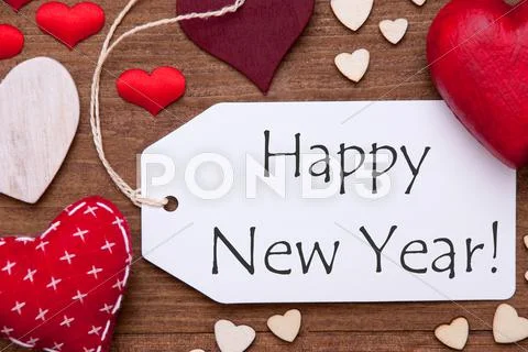 Label, Red Hearts, Flat Lay, Text Happy New Year Stock Photos