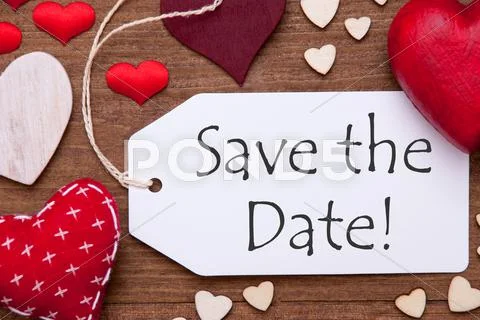 Label, Red Hearts, Flat Lay, Text Save The Date Stock Photos