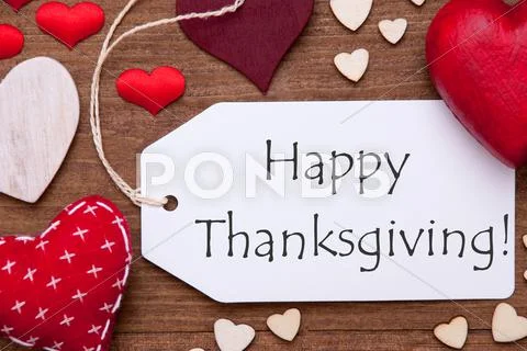 Label, Red Hearts, Flat Lay, Text Happy Thanksgiving Stock Photos
