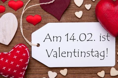 Label, Red Hearts, Flat Lay, Valentinstag Means Valentines Day Stock Photos