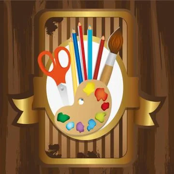 Label with school elements over brown background, texture. Illustrazione stock