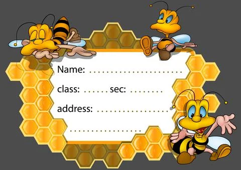 A Label for a School Notebook with Cute Bees on a Honeycomb Stock Illustration