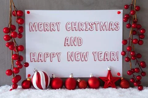 Label, Snow, Balls, Text Merry Christmas And Happy New Year Stock Photos