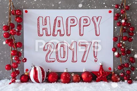 Label, Snowflakes, Christmas Balls, Text Happy 2017 Stock Photos