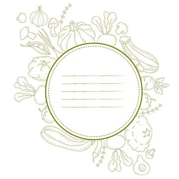 Label sticker with round frame made of linear hand drawn vegetables and root cro Stockillustratie