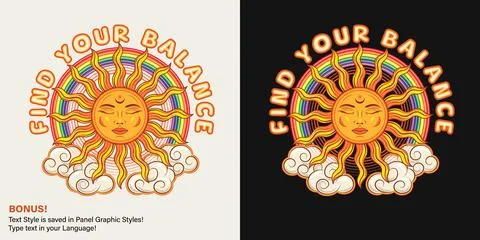 Label with sun with face, clouds, rainbow, text. Stock Illustration