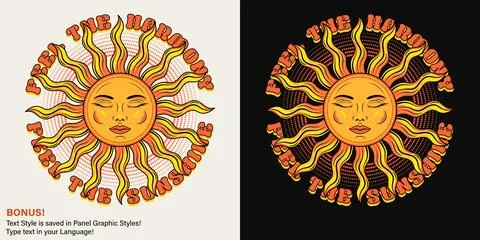 Label with sun with face, text Stock Illustration