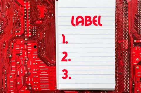 Label text concept over computer background Fotos Stock