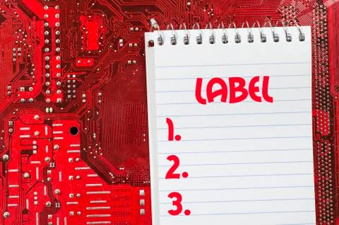 Label text concept over computer background Stock Photos