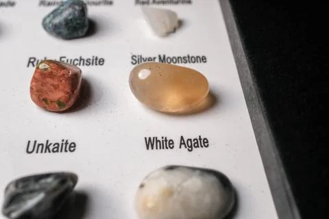 Labeled tumbled gemstone display 库存照片