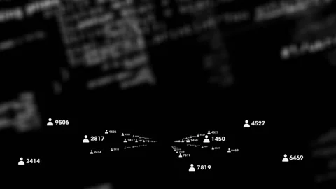 Labeled user icons moving and scaling across blurred code backdrop, live data Stock Footage 330509120