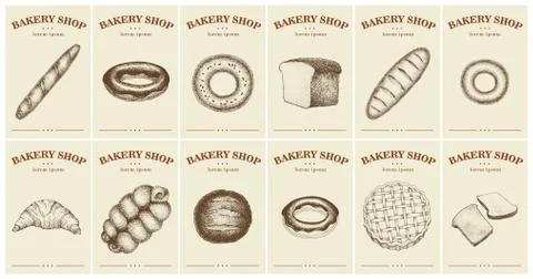 Labels with bread and pastries. Set templates price tags for bakery shop. Vector Stock Illustration