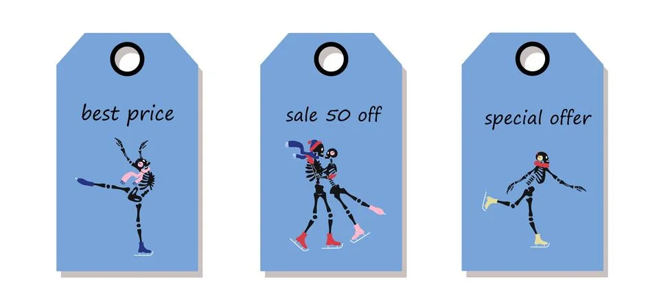 Labels with cute skeleton characters is skating on ice Illustrazione stock