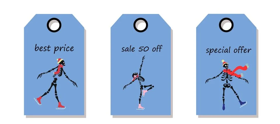 Labels with cute skeleton characters is skating on ice Illustrazione stock
