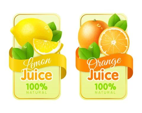 Labels fruit realistic. Packaging stickers with fresh realistic fruits, juices Illustrazione stock