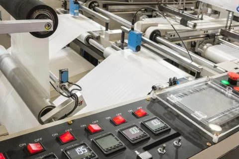 Labels manufacturing on flexo printing machine, production of plastic bags Stock-Fotos