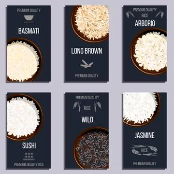 Labels set with Different types of rice in pots Stock Illustration