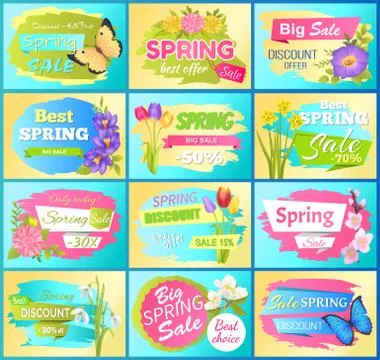 Labels Set Super Offer Spring Sale Adverts Flowers Stock Illustration