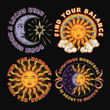 Labels with sun, crescent moon, eclipse, text Ilustração Stock