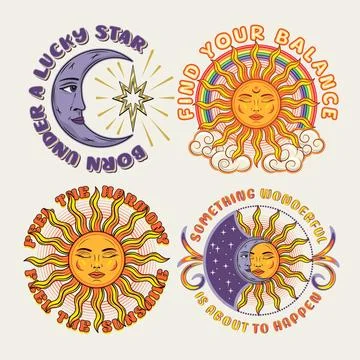 Labels with sun, crescent moon, eclipse, text Ilustração Stock