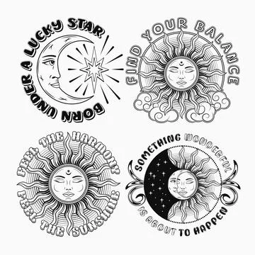 Labels with sun, crescent moon, eclipse, text Ilustração Stock