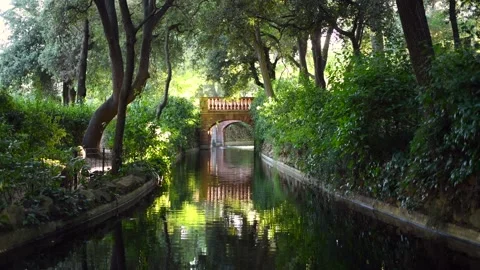 Laberinto de Horta, bridge over a water channel with reflections and two wild Stock Footage 140813386