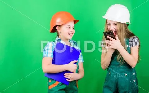 Labor day. 1 may. school project. Foreman inspector. Repair. Little kids in Stock Photos