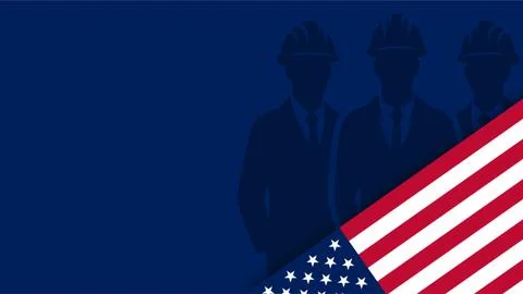 Labor Day background with American flag and worker silhouettes on dark blue.. Stock Illustration