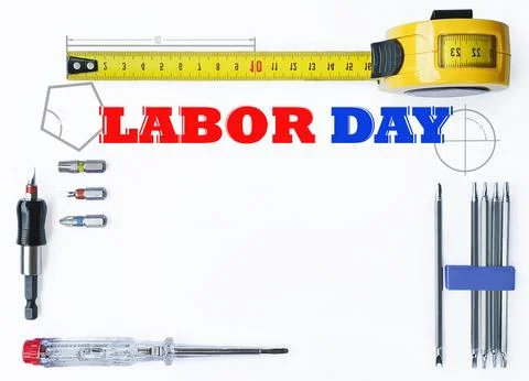 Labor Day Background with Tools and Measuring Tape Stock Photos