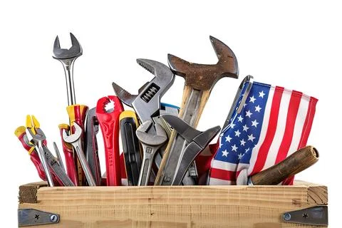 Labor day banner mockup of tools toolbelt and us flag Stock Illustration