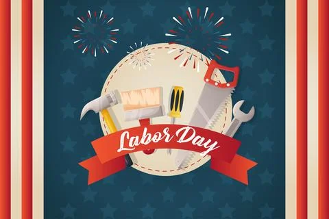 Labor Day, blue background, American fireworks and building tools and the u.. Ilustración de archivo