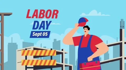 Labor Day Celebration Concept with Construction Worker Holding Toolbox at B.. Stock Footage 337954603