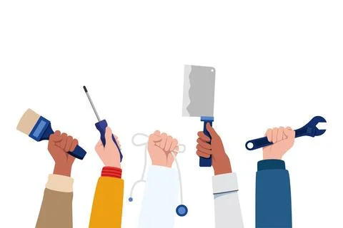 Labor Day Celebration Hands with Workplace Tools, Clean Flat Vector Illustr.. Stock Illustration