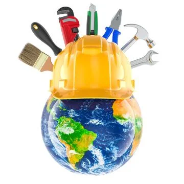 Labor Day concept with globe hard hat and tools. 3d rendering Stock Illustration