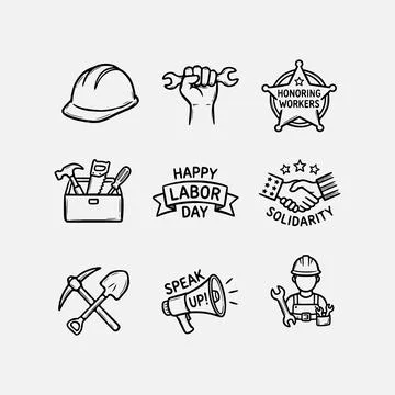 Labor Day Doodle Icon Set Hand Drawn Worker Tools Vector Illustration Stock-Illustration
