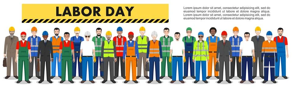 Labor day. Group of worker, builder and engineer standing together in row. Illustrazione stock