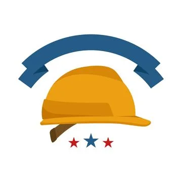 Labor Day Hard Hat Emblem Flat Vector Illustration with Banner and Stars Stock Illustration