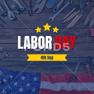 Labor day holiday with tools and american flag on wooden background PSD Template