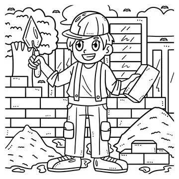 Labor Day Mason and Bricks Coloring Page for Kids Stock Illustration