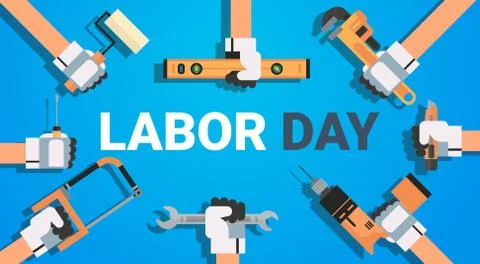 Labor Day Poster With Instruments Background Workers Holiday Banner Design Stock Illustration