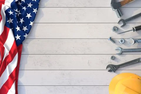 Labor Day, Set of mechanical tools on a wooden table with American flag Stock Photos