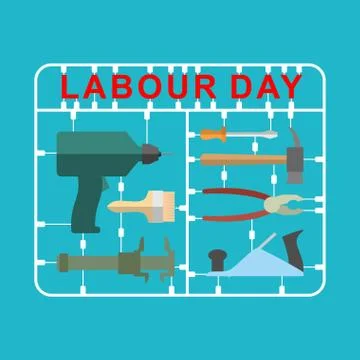 Labor Day is set of tools. Plastic kit with metalwork instrument. Drill and.. Stock Illustration