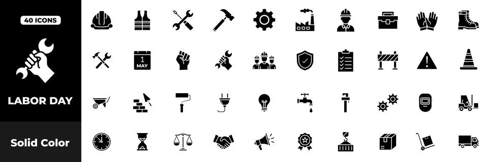 Labor Day Solid Icon Set with Workers, Construction Tools and Safety Equipment Stock Illustration