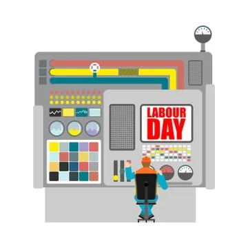 Labor Day. Worker in helmet at work. International Workers' Day. Operator a.. Illustrazione stock