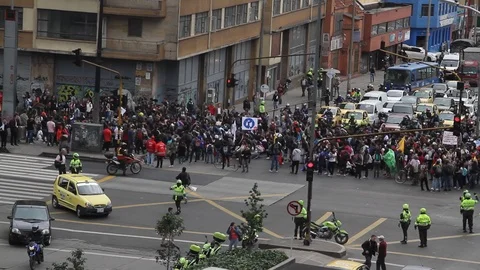 Labor March Demonstration April 25, 2018 Bogota Colombia. Downtown Bogota Stock Footage 89453718