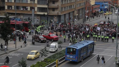Labor March Demonstration April 25, 2018 Bogota Colombia. Downtown Bogota Stock Footage 89545573