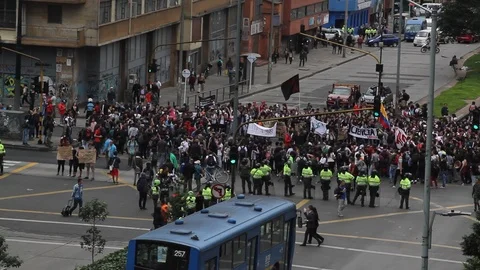 Labor March Demonstration April 25, 2018 Bogota Colombia. Downtown Bogota Stock Footage 89546597
