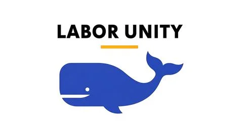 Labor unity logo with blue whale icon representing strength and collective .. Ilustração Stock