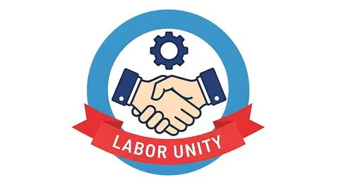 Labor unity logo with handshake gear and red banner symbol for workers righ.. Illustrazione stock